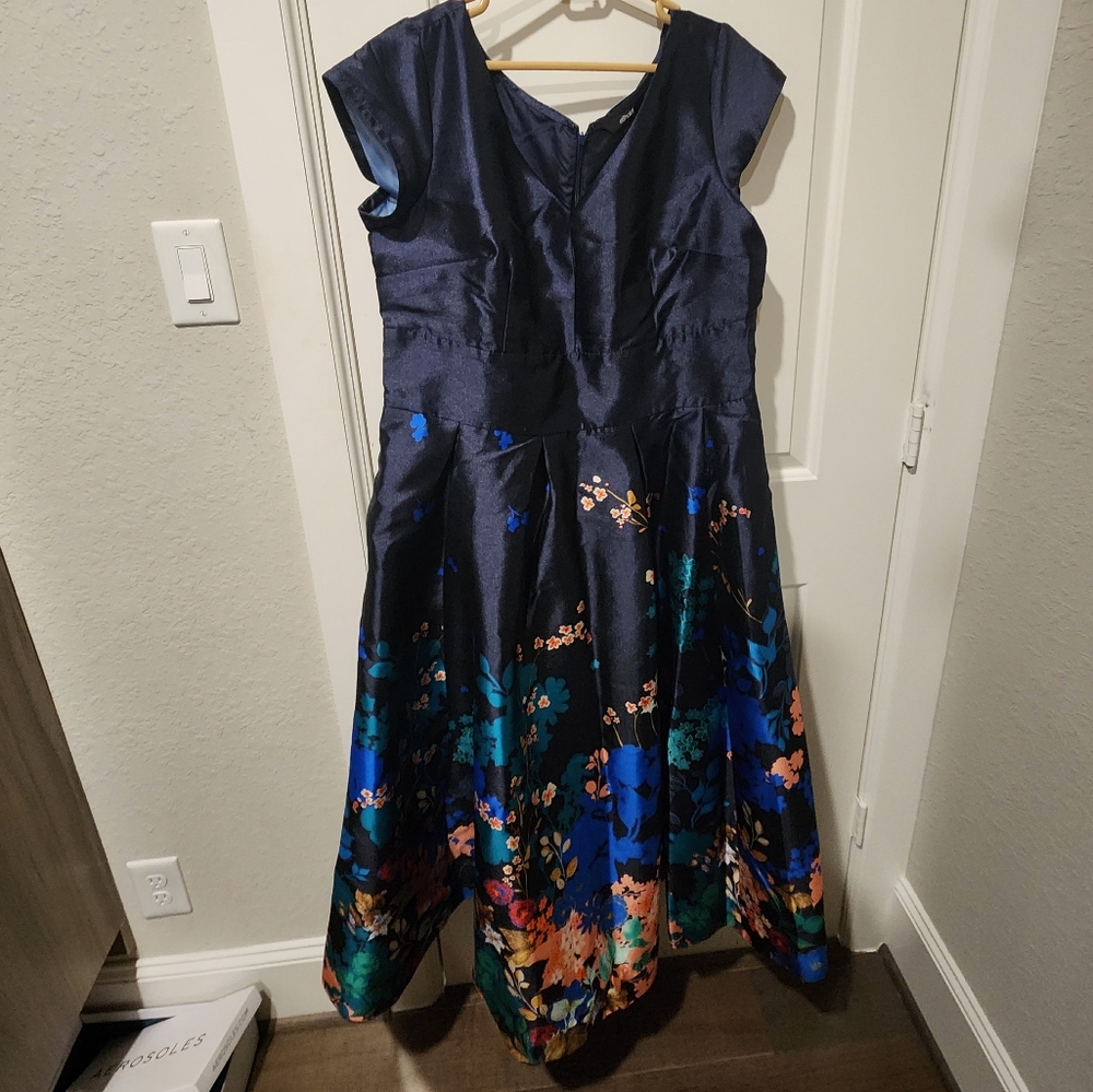 Satin Blue Floral Dupioni Silk Dress